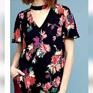 MAEVE Anthropologie Black Tropical Floral Choker Keyhole Top 1X